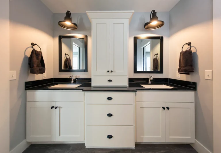 sleek white bathroom cabinets with black top